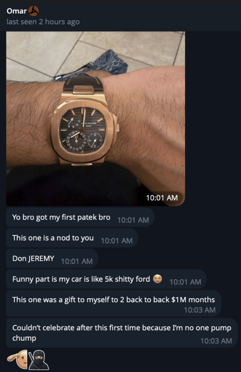 Omar — Achieved 2 back-to-back $1M months and rewarded himself with his first Patek Philippe watch.