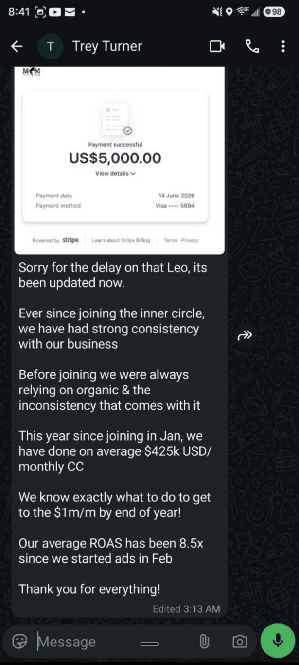 Trey Turner — Since joining Inner Circle in January, averaged $425K USD/month in CC with 8.5x ROAS since February ads, targeting $1M/month by year end