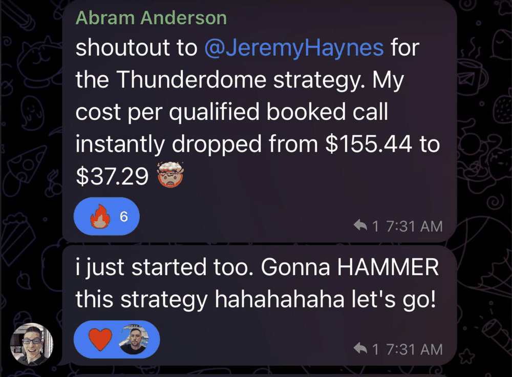Abram Anderson — Cost per qualified booked call dropped from $155.44 to $37.29 using the thunderdome strategy.