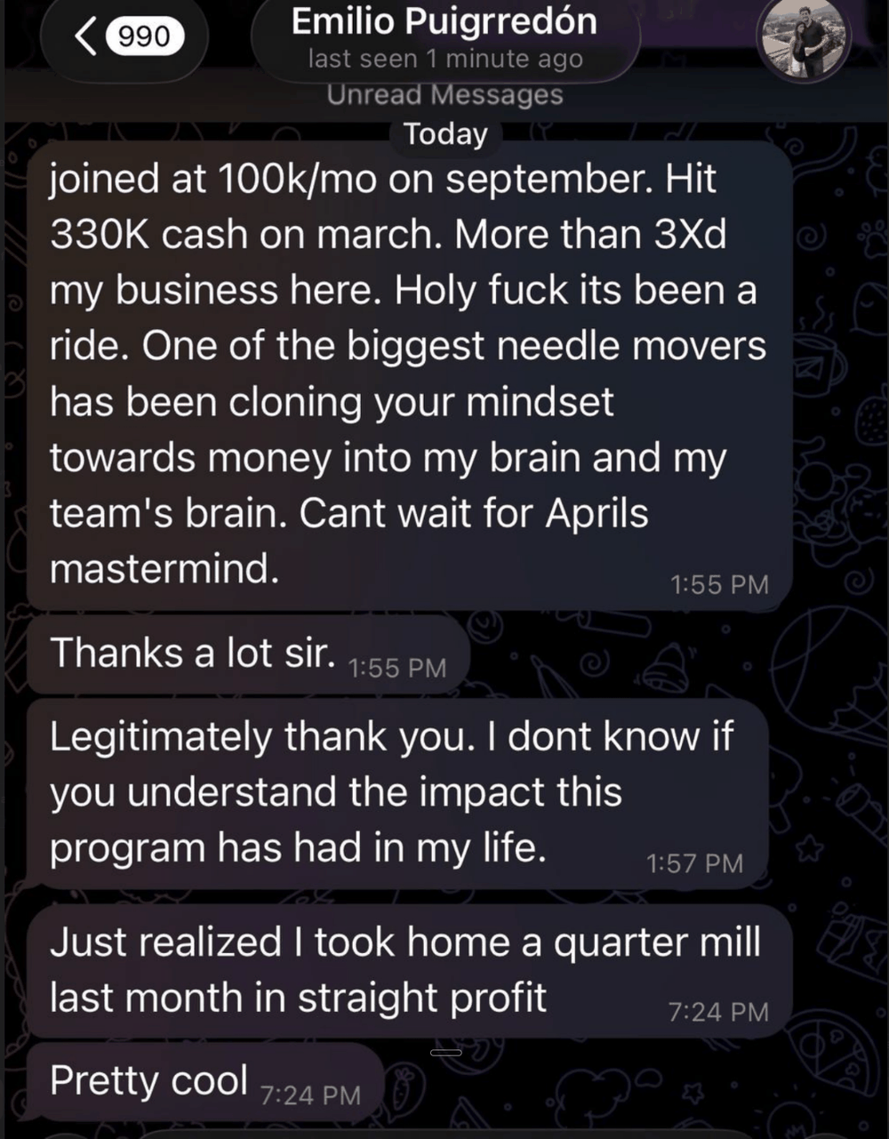 Emilio Puigrredón — Joined at $100K/month in September, scaled to $330K cash by March, more than tripling revenue.