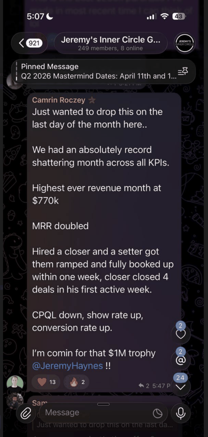Camrin Roczey — Achieved highest ever revenue month at $770k, doubled MRR, hired and expanded team.