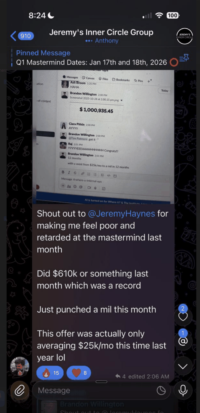Brandon Willington — Grew offer from $25k/mo to $1,000,935.45 in 12 months, hitting $610k in a month.