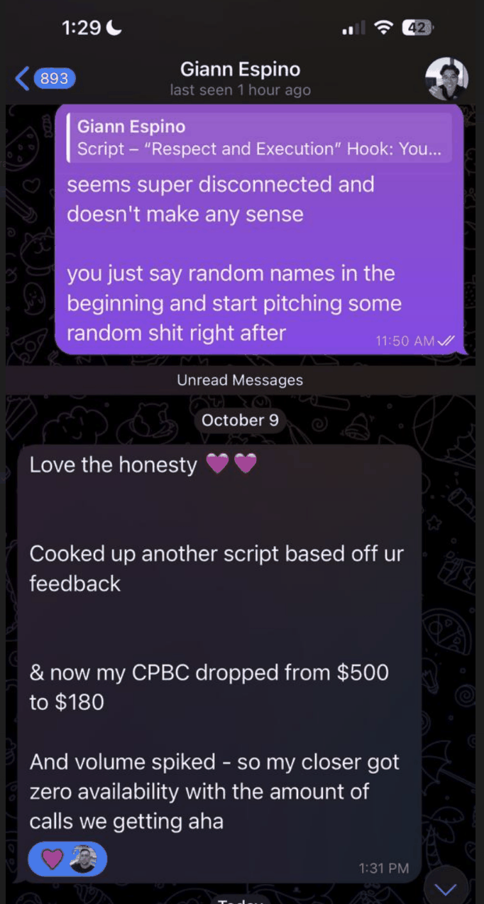 Giann Espino — After script feedback, CPBC dropped from $500 to $180 and call volume spiked.
