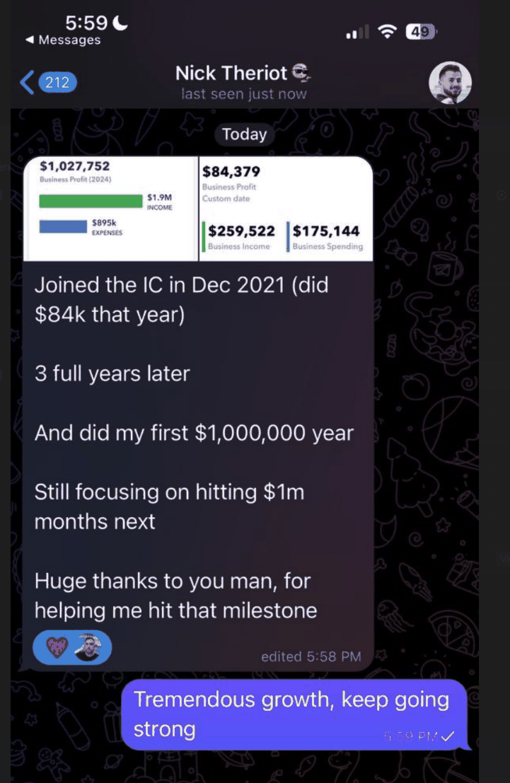 Nick Theriot — Grew from $84k in 2021 to $1,027,752 business profit in 2024 after joining.