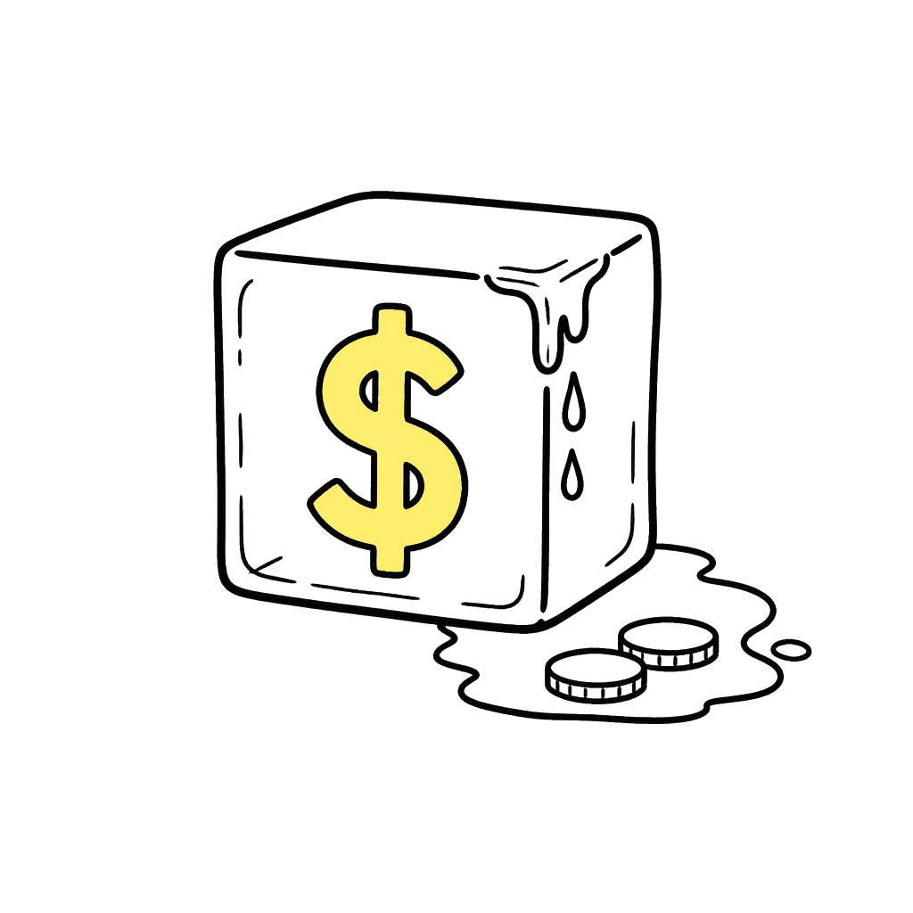 Melting ice cube with a dollar sign doodle