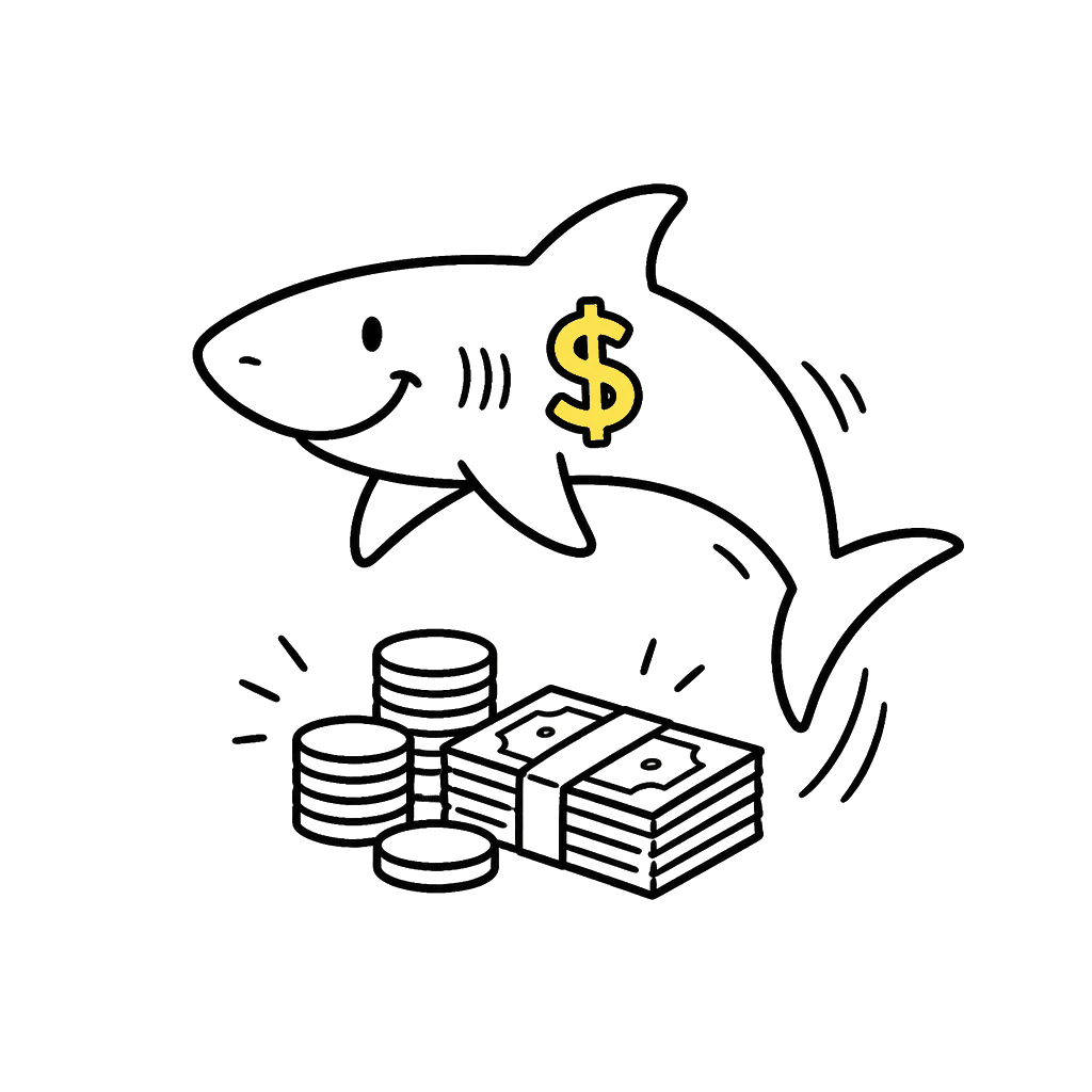 Hand-drawn megalodon shark leaping over a pile of cash