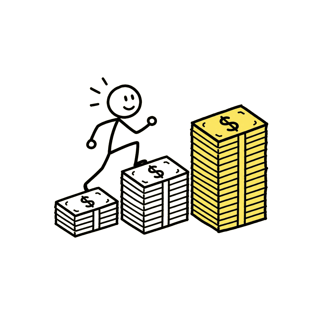 Stick figure climbing stairs of cash doodle